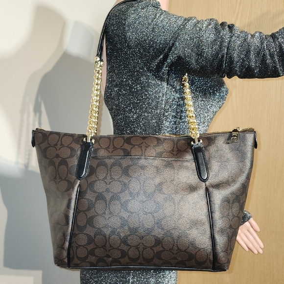 Coach Dark Brown Signature Tote with Gold Chain - Picture 3 of 12